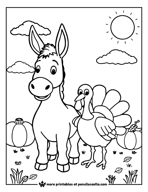 donkey and a turkey with pumpkins, sun, and clouds coloring sheet