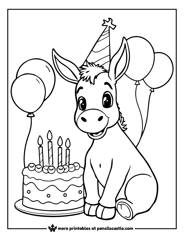 donkey in a party hat sitting next to a birthday cake and balloons coloring sheet