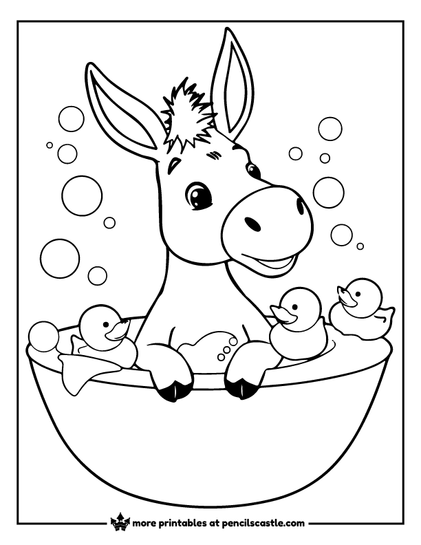 donkey in a bathtub with bubbles and rubber ducks coloring page