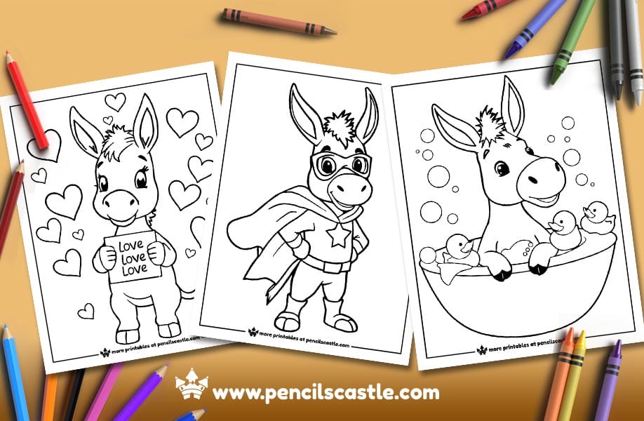 three donkey coloring pages with pencils and crayons on a brown background