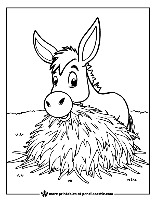 donkey munching on a pile of hay coloring page