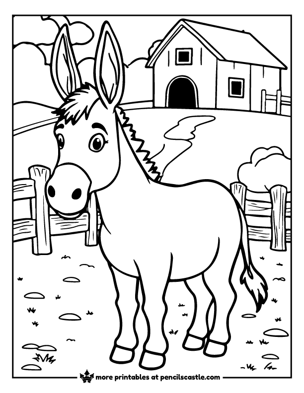donkey in a farmyard with a barn and a fence coloring page