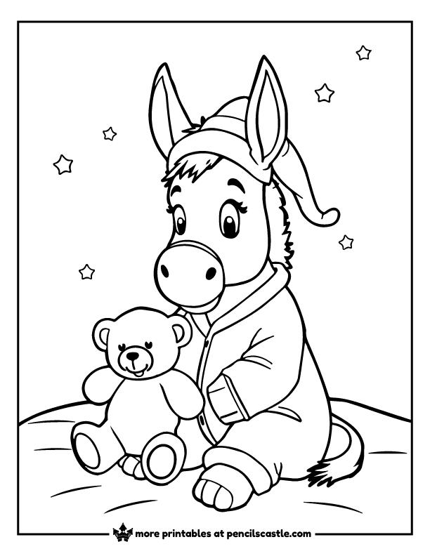 donkey wearing pajamas and a nightcap, cuddling a teddy bear coloring page