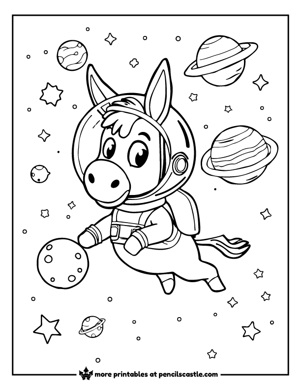 donkey wearing a spacesuit and helmet, floating in space with planets and stars coloring sheet