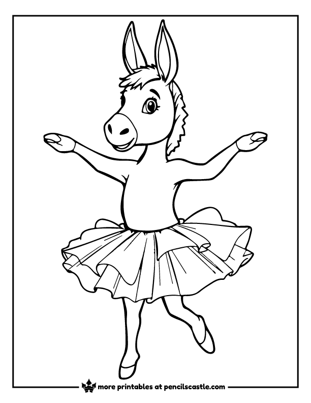 donkey wearing a tutu and dancing coloring page