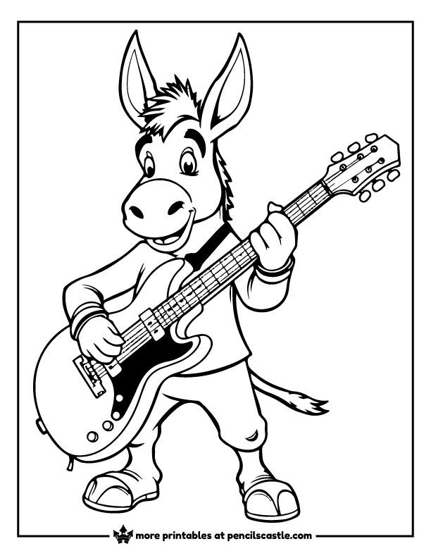 donkey playing an electric guitar coloring page