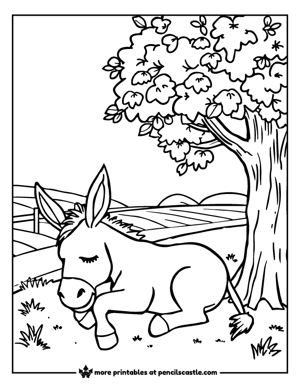 donkey lying down and taking a nap under a tree coloring page