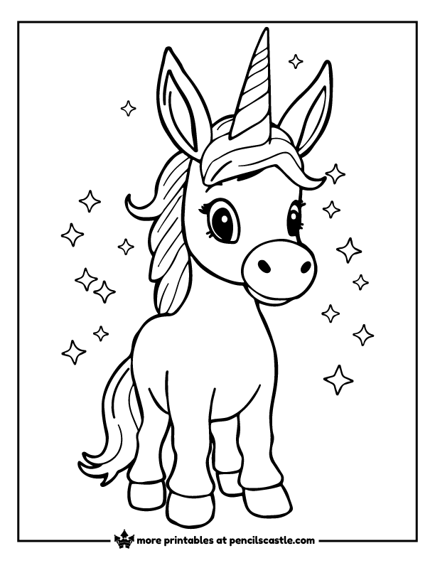 donkey with a unicorn horn surrounded by sparkling stars coloring page
