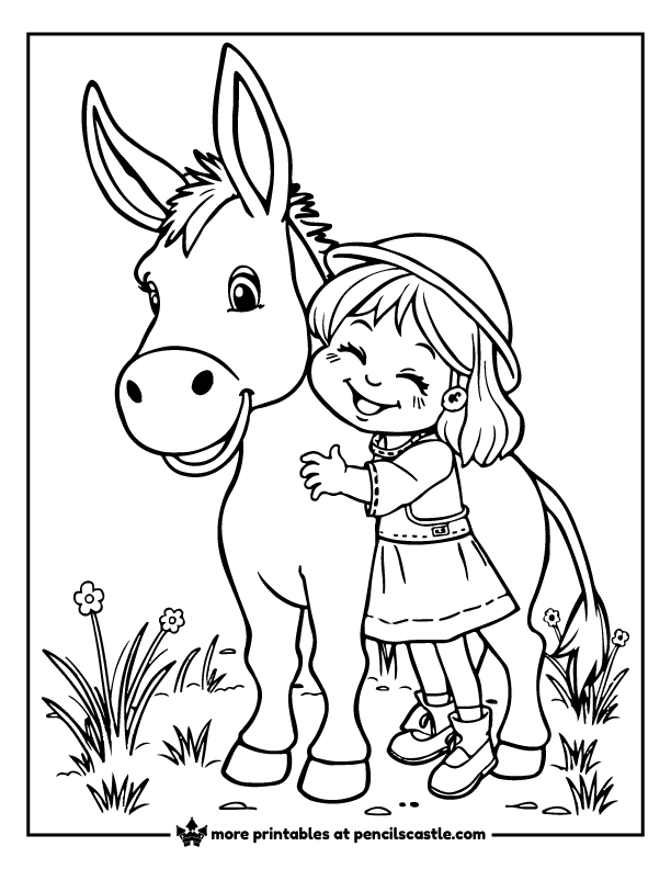 young girl wearing a hat and dress, hugging a donkey coloring page