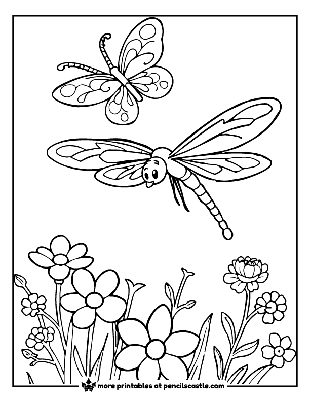 Dragonfly and butterfly flying above blooming flowers coloring sheet
