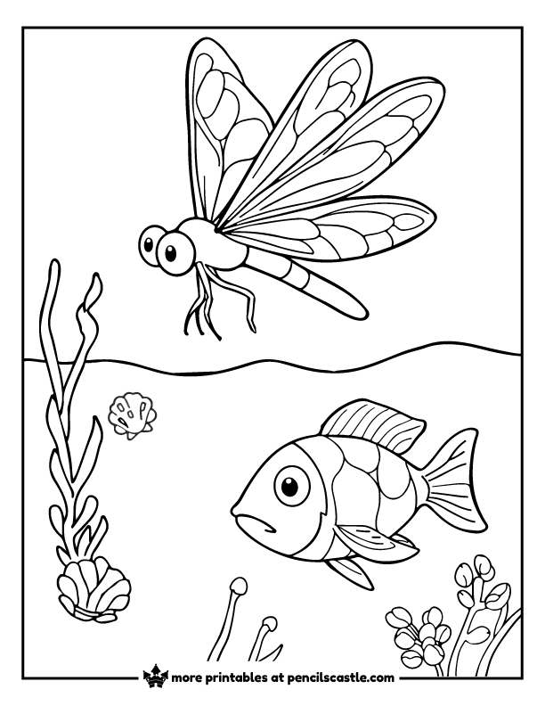 Dragonfly flying above fish coloring sheet