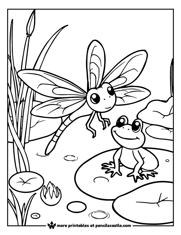 dragonfly and frog sitting on a lily pad by a pond coloring page