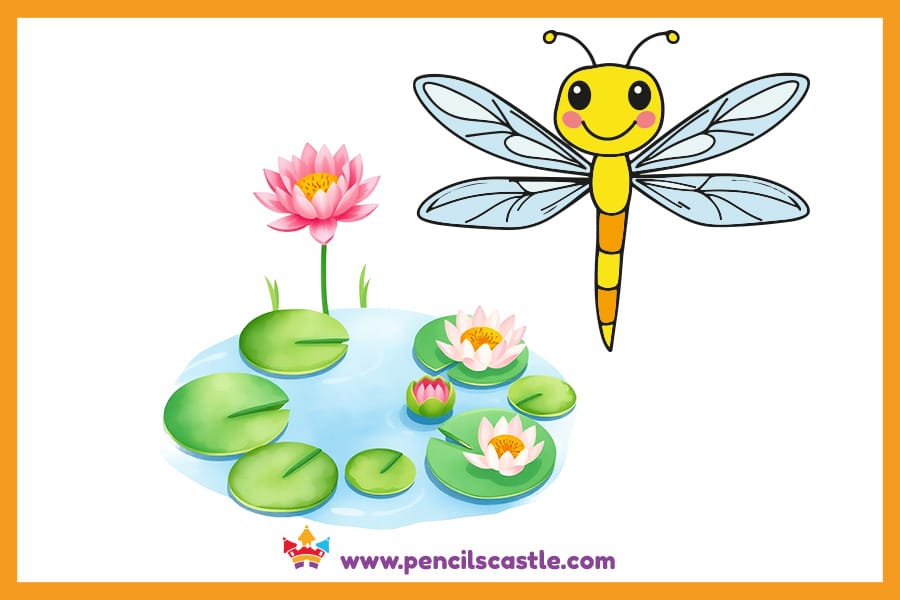 Dragonfly drawing near a pond with lily pads
