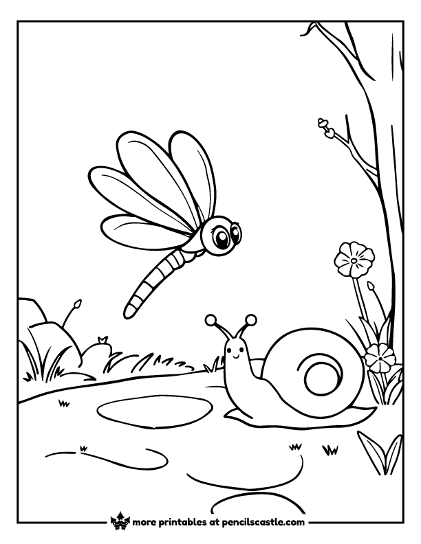 dragonfly flying near a smiling snail in a garden coloring sheet
