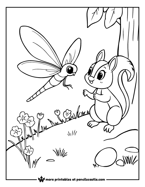 dragonfly visiting a squirrel in the forest coloring sheet
