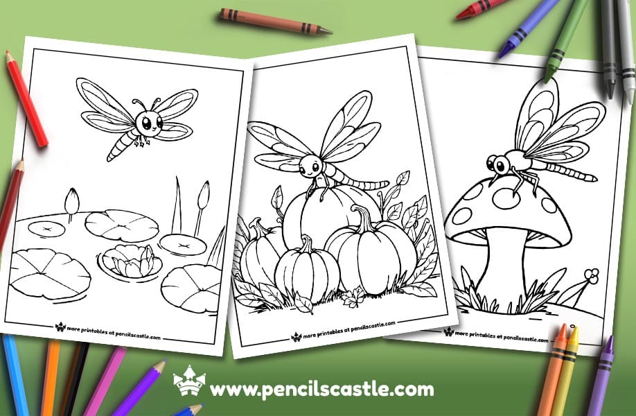 three dragonfly coloring pages with pencils and crayons on a green background