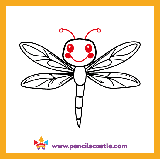 Draw the dragonfly's antennae and face details 