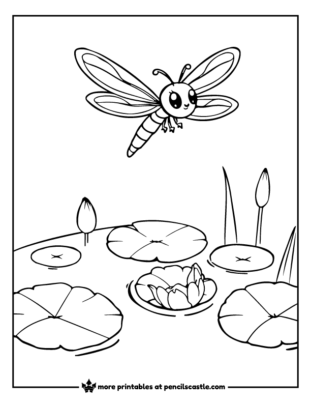 Dragonfly flying above a pond with lily pads coloring page