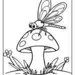 Dragonfly landing on a mushroom coloring page