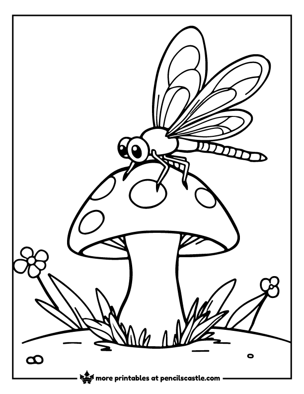 Dragonfly landing on a mushroom coloring page