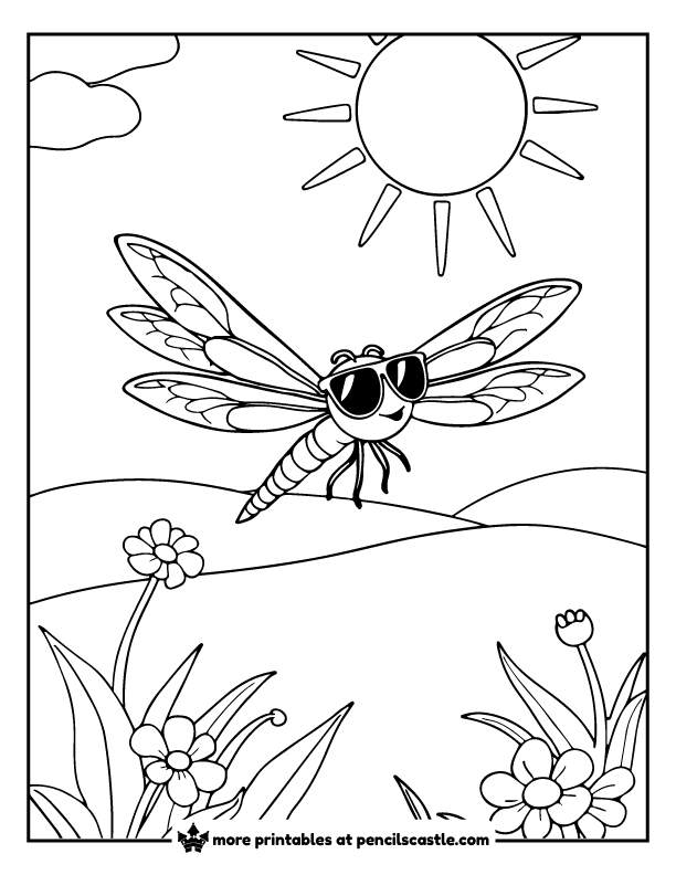 Dragonfly wearing sunglasses under a summer sun coloring sheet