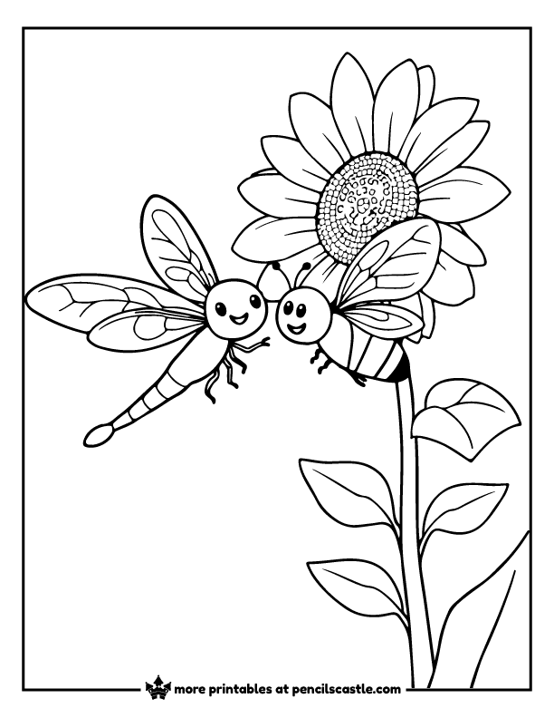 Dragonfly and bee smiling at each other near a sunflower coloring page