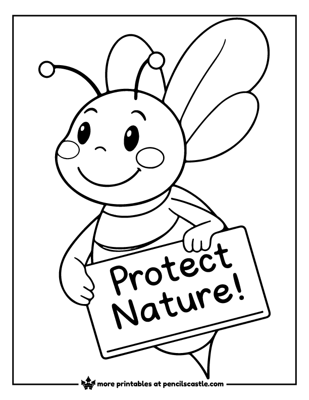 bee holding a sign saying “Protect Nature!” coloring page