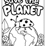 ladybug on earth with "save the planet" text at the top coloring page