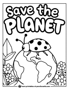 ladybug on earth with "save the planet" text at the top coloring page