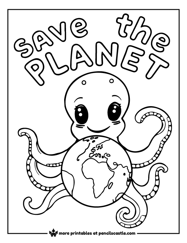 Octopus holding an earth globe under the words "SAVE THE PLANET" coloring sheet