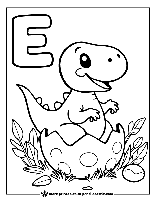 baby dinosaur hatching from an egg beside letter E coloring page