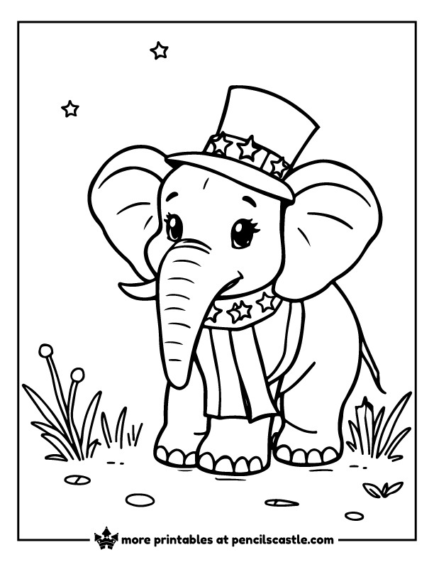 Elephant wearing a 4th of July hat and scarf coloring sheet
