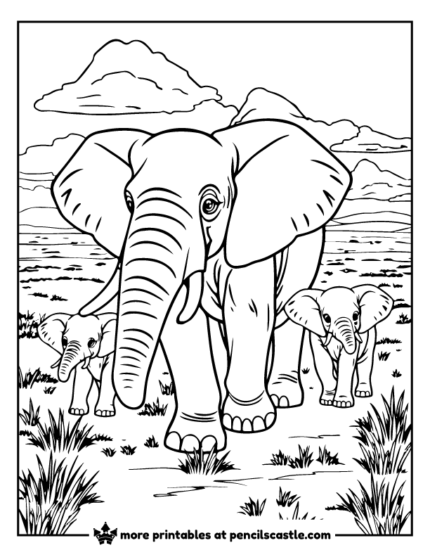 Mother elephant and her two calves walking across the savannah coloring page