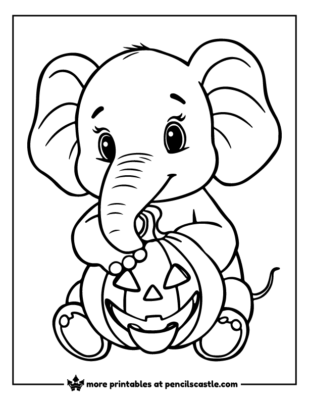Elephant holding a jack-o'-lantern for Halloween coloring page