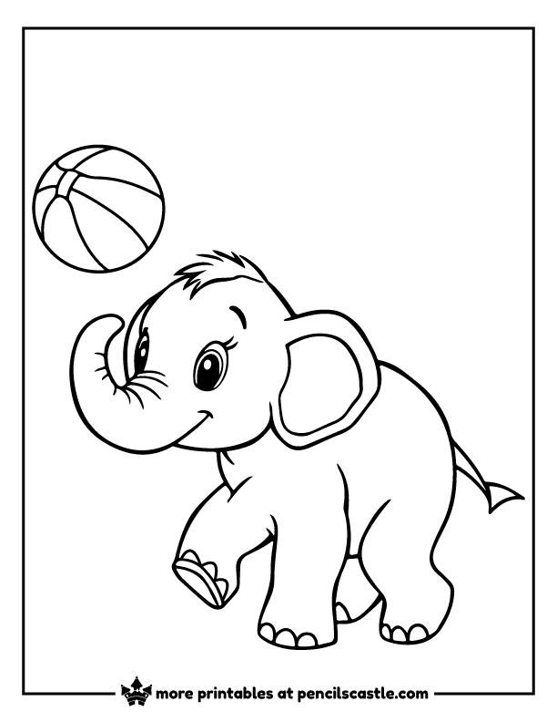 Funny elephant using its trunk to toss a basketball coloring sheet
