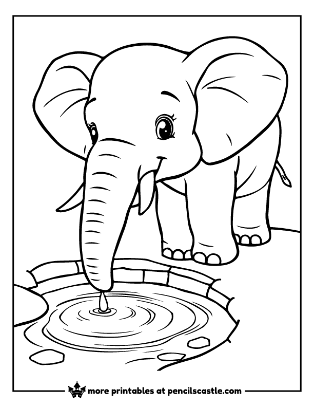 Elephant drinking water from a watering hole with its trunk coloring page