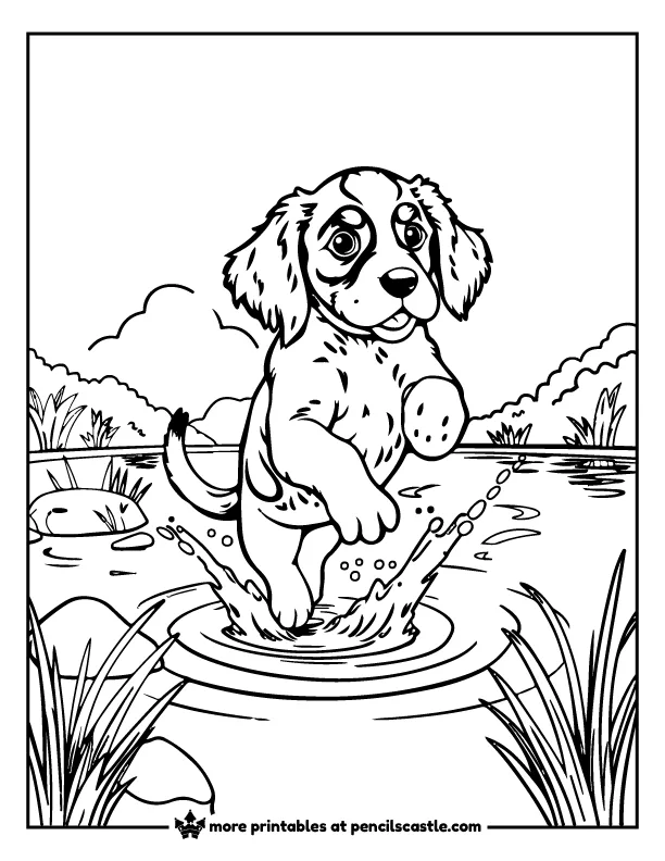 English Springer Spaniel puppy jumping into a lake coloring page