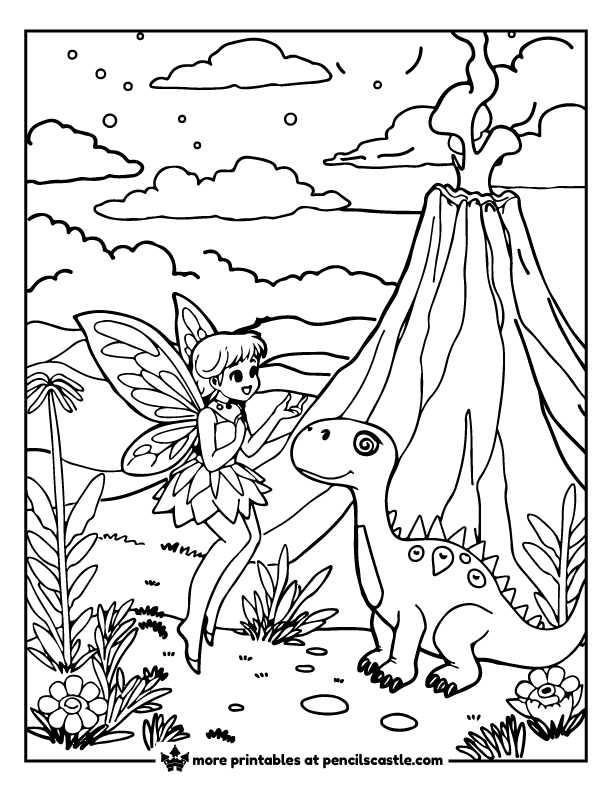 fairy meeting a dinosaur friend near a volcano coloring page