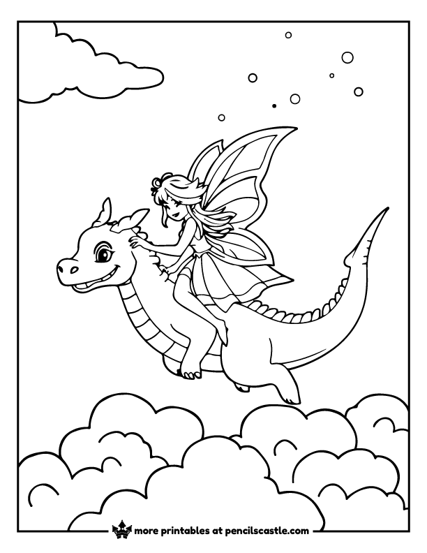 fairy riding on a dragon through the clouds coloring page