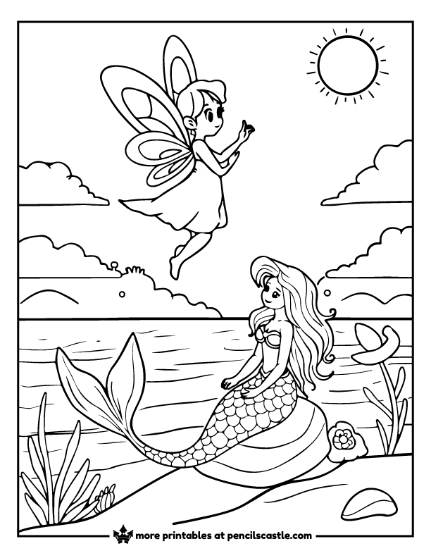fairy fluttering above a mermaid on a sunny beach coloring page