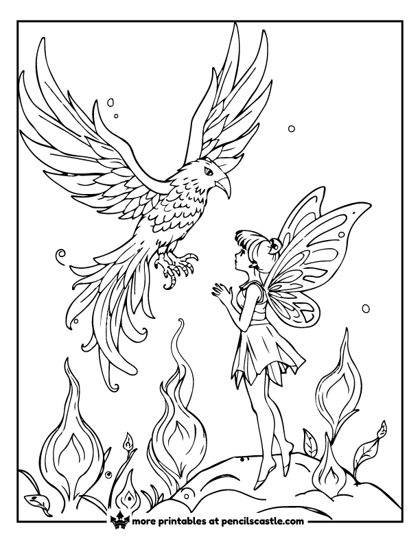 fairy and a majestic phoenix rising from flames coloring page