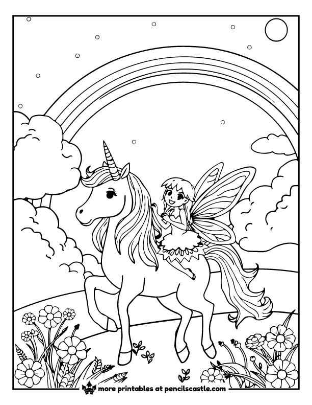 fairy riding on a unicorn under a rainbow sky coloring page