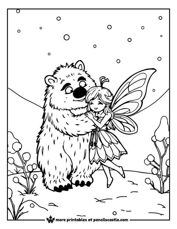 fairy and yeti hugging in a snowy scene coloring page
