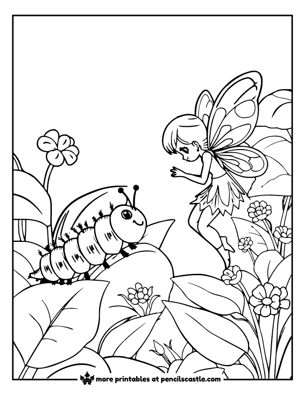 fairy watching a caterpillar in a leafy garden coloring sheet