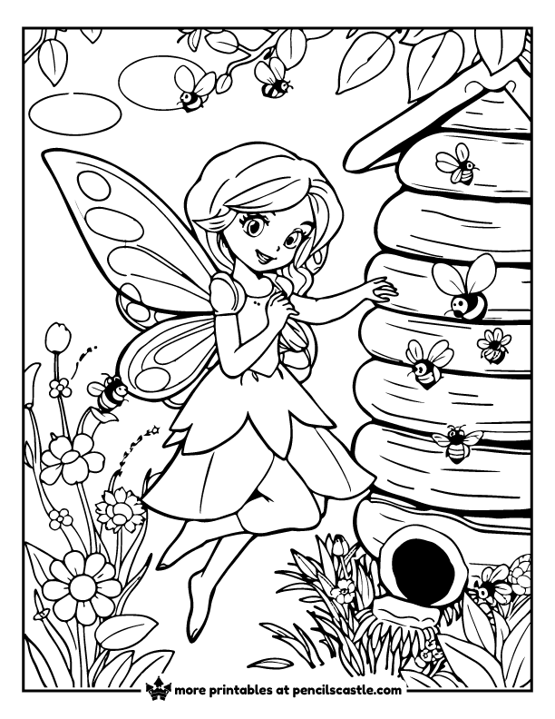 fairy near a beehive with buzzing bees and flowers coloring page