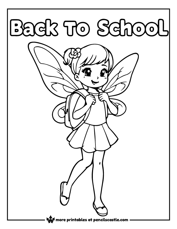 fairy wearing a backpack with 'Back to School' text coloring page