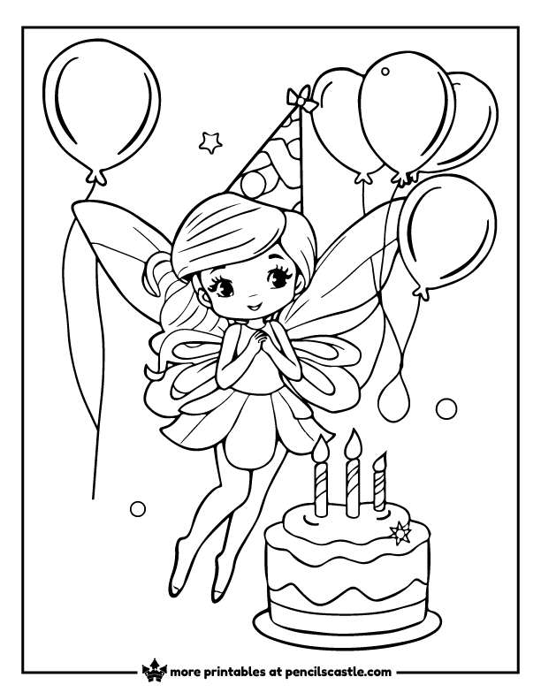 fairy wearing a party hat with a birthday cake and balloons coloring page