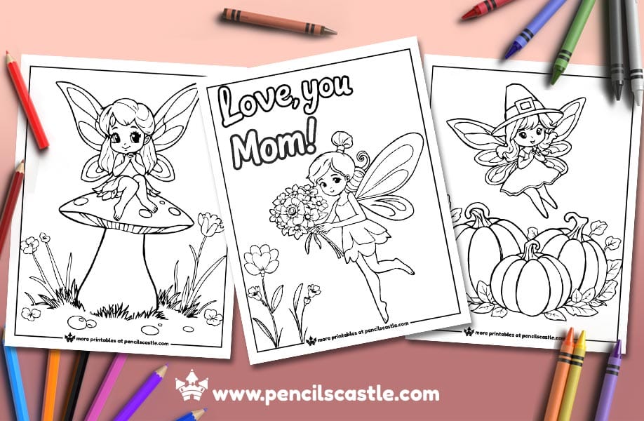 three fairy coloring pages with pencils and crayons on a purple background