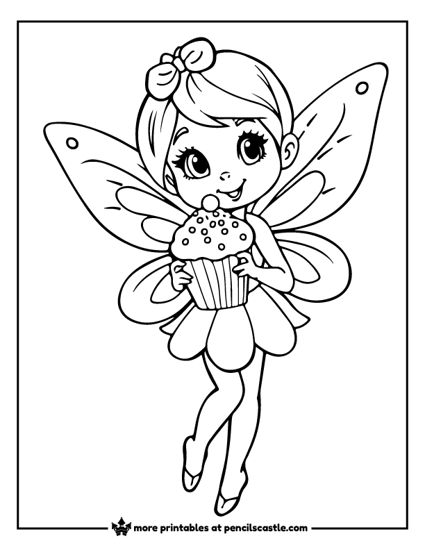 fairy holding a cupcake with sprinkles coloring page