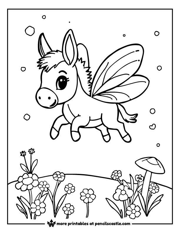 donkey with fairy wings, flying over a field of flowers and a mushroom coloring page
